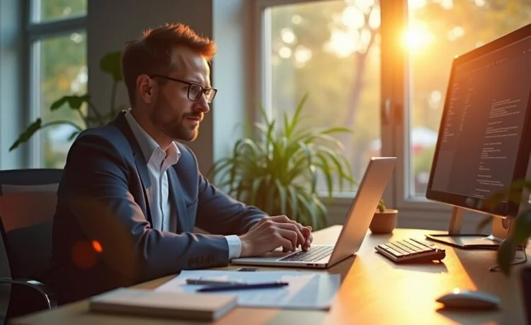 Ein strahlend helles, natürlich beleuchtetes Büro mit einem nachdenklich-fokussierten Profi am Schreibtisch, umgeben von modernen Computern und Technologie, der im warmen Tageslicht eine digitale Welt zwischen Fortschritt und Sorge reflektiert.