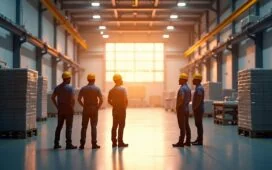 Ein hell erleuchtetes, modernes Lager oder Produktionsumfeld, in dem menschliche Arbeiter mit hochentwickelten, präzisen Industrierobotern in freundlicher Zusammenarbeit stehen, das warme Tageslicht sanft durch große Fenster fällt und eine Atmosphäre von Fortschritt, Harmonie und positiver Veränderung ausstrahlt.