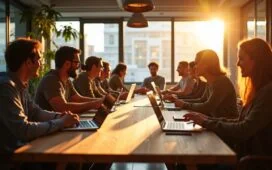 Eine lebendige Szene in einem modernen, hell erleuchteten Co-Working-Space, in dem eine diverse Gruppe von Entwicklern in entspannter, freundlicher Atmosphäre um einen großen Holztisch versammelt ist, lebhaft diskutiert und gemeinsam an Laptops arbeitet – warmes Sonnenlicht fällt durch große Fenster, betont die natürliche, kollegiale Stimmung und symbolisiert den Aufbruch und die Erneuerung innerhalb einer engagierten Open-Source-Community.