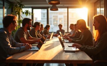 Eine lebendige Szene in einem modernen, hell erleuchteten Co-Working-Space, in dem eine diverse Gruppe von Entwicklern in entspannter, freundlicher Atmosphäre um einen großen Holztisch versammelt ist, lebhaft diskutiert und gemeinsam an Laptops arbeitet – warmes Sonnenlicht fällt durch große Fenster, betont die natürliche, kollegiale Stimmung und symbolisiert den Aufbruch und die Erneuerung innerhalb einer engagierten Open-Source-Community.