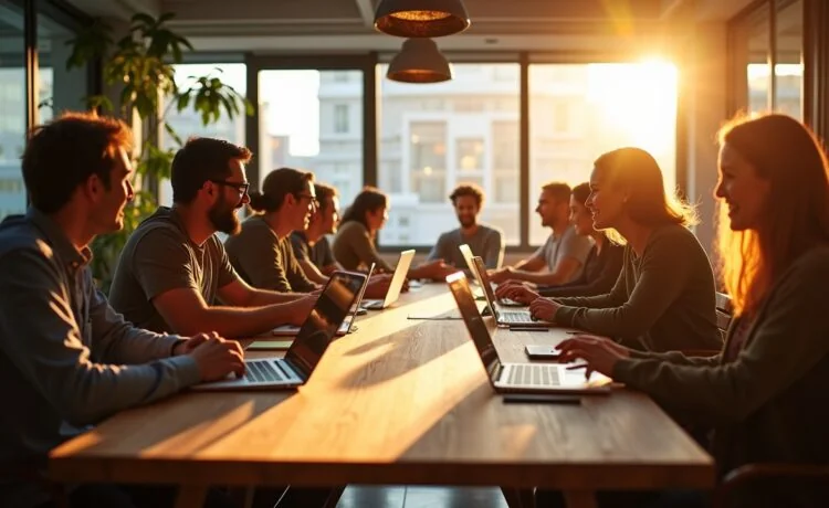 Eine lebendige Szene in einem modernen, hell erleuchteten Co-Working-Space, in dem eine diverse Gruppe von Entwicklern in entspannter, freundlicher Atmosphäre um einen großen Holztisch versammelt ist, lebhaft diskutiert und gemeinsam an Laptops arbeitet – warmes Sonnenlicht fällt durch große Fenster, betont die natürliche, kollegiale Stimmung und symbolisiert den Aufbruch und die Erneuerung innerhalb einer engagierten Open-Source-Community.