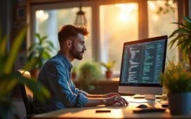 Ein sonnendurchflutetes, modernes Büro mit einem Webentwickler, der fokussiert an einem Bildschirm mit leuchtenden Code- und Bildbearbeitungsprogrammen arbeitet, umgeben von warmen Holzakzenten und lebendig grünen Pflanzen, die eine einladende Atmosphäre voller Optimismus und Innovation schaffen.