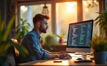 Ein sonnendurchflutetes, modernes Büro mit einem Webentwickler, der fokussiert an einem Bildschirm mit leuchtenden Code- und Bildbearbeitungsprogrammen arbeitet, umgeben von warmen Holzakzenten und lebendig grünen Pflanzen, die eine einladende Atmosphäre voller Optimismus und Innovation schaffen.