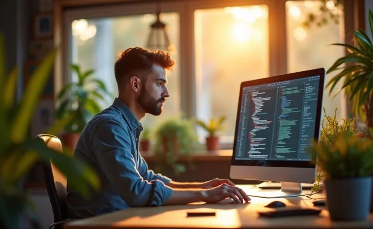 Ein sonnendurchflutetes, modernes Büro mit einem Webentwickler, der fokussiert an einem Bildschirm mit leuchtenden Code- und Bildbearbeitungsprogrammen arbeitet, umgeben von warmen Holzakzenten und lebendig grünen Pflanzen, die eine einladende Atmosphäre voller Optimismus und Innovation schaffen.