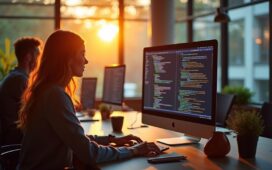 Ein lichtdurchflutetes Büro mit entspannt lächelnden Softwareentwicklern, die konzentriert an einem hellen Bildschirm komplexe Zahlen und Code prüfen, während warme Sonnenstrahlen durch große Fenster fallen und eine freundliche, produktive Atmosphäre schaffen.