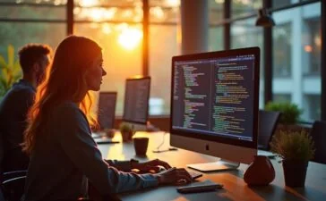 Ein lichtdurchflutetes Büro mit entspannt lächelnden Softwareentwicklern, die konzentriert an einem hellen Bildschirm komplexe Zahlen und Code prüfen, während warme Sonnenstrahlen durch große Fenster fallen und eine freundliche, produktive Atmosphäre schaffen.