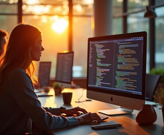 Ein lichtdurchflutetes Büro mit entspannt lächelnden Softwareentwicklern, die konzentriert an einem hellen Bildschirm komplexe Zahlen und Code prüfen, während warme Sonnenstrahlen durch große Fenster fallen und eine freundliche, produktive Atmosphäre schaffen.