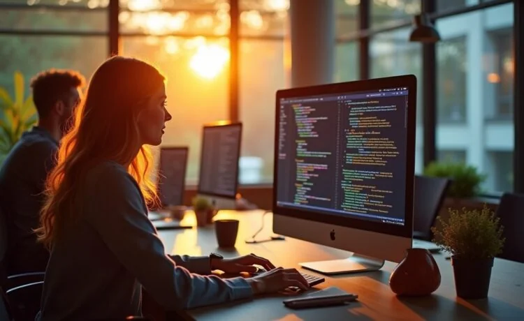Ein lichtdurchflutetes Büro mit entspannt lächelnden Softwareentwicklern, die konzentriert an einem hellen Bildschirm komplexe Zahlen und Code prüfen, während warme Sonnenstrahlen durch große Fenster fallen und eine freundliche, produktive Atmosphäre schaffen.
