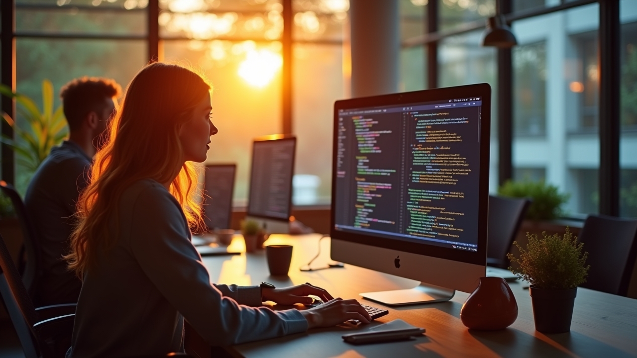 Ein lichtdurchflutetes Büro mit entspannt lächelnden Softwareentwicklern, die konzentriert an einem hellen Bildschirm komplexe Zahlen und Code prüfen, während warme Sonnenstrahlen durch große Fenster fallen und eine freundliche, produktive Atmosphäre schaffen.