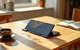 Ein modernes Samsung Galaxy Z Flip 8 FE elegant geöffnet auf einem hellen Holztisch, von warmem Tageslicht sanft durchflutet, umgeben von subtilen Alltagsdetails wie Kaffeetasse und Notizbuch, die eine einladende Atmosphäre technischer Innovation und zugänglicher Lifestyle-Ästhetik vermitteln.