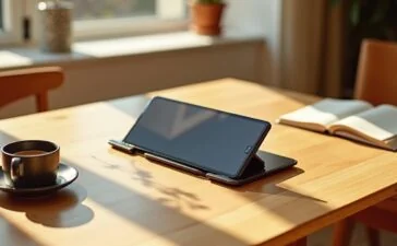 Ein modernes Samsung Galaxy Z Flip 8 FE elegant geöffnet auf einem hellen Holztisch, von warmem Tageslicht sanft durchflutet, umgeben von subtilen Alltagsdetails wie Kaffeetasse und Notizbuch, die eine einladende Atmosphäre technischer Innovation und zugänglicher Lifestyle-Ästhetik vermitteln.