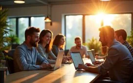 Ein lichtdurchflutetes, modernes Büro mit strahlenden Entwicklern und IT-Experten in lebendiger Teamarbeit vor offenen Laptops, umgeben von dezenten Pflanzen und warmen Holzakzenten, die die inspirierende Atmosphäre von Offenheit, Innovation und kollaborativer Technologie bei SAPs Weg in Open Source und Open AI verkörpern.