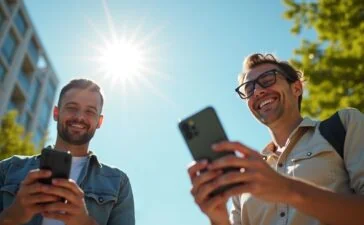 Ein strahlend sonnendurchfluteter urbaner Blickfang zeigt entspannt lächelnde Menschen, die mit modernen Google Pixel 9 und 10 Smartphones unter freiem Himmel kommunizieren – umgeben von natürlichem Grün und einem weitläufigen blauen Himmel, symbolisch für grenzenlose Satellitenvernetzung und Zuverlässigkeit auch fernab herkömmlicher Netze.