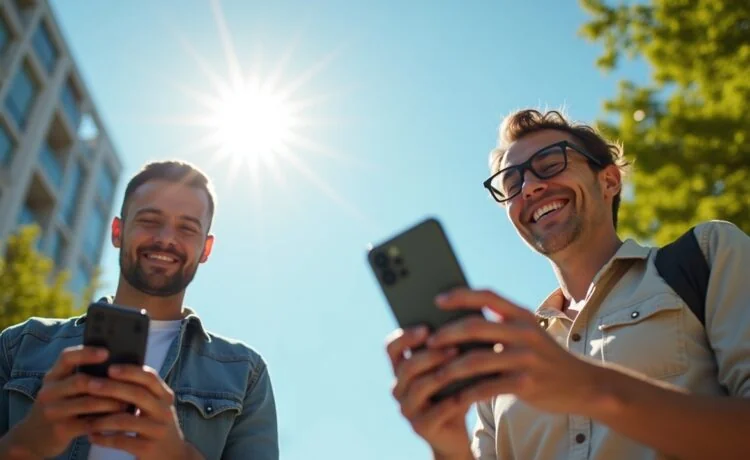 Ein strahlend sonnendurchfluteter urbaner Blickfang zeigt entspannt lächelnde Menschen, die mit modernen Google Pixel 9 und 10 Smartphones unter freiem Himmel kommunizieren – umgeben von natürlichem Grün und einem weitläufigen blauen Himmel, symbolisch für grenzenlose Satellitenvernetzung und Zuverlässigkeit auch fernab herkömmlicher Netze.