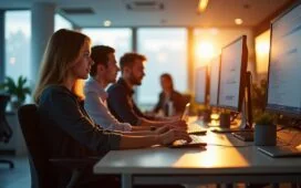 In einem hell erleuchteten, modernen Büro sitzen mehrere Entwickler und Administratoren konzentriert an ihren Bildschirmen, umgeben von freundlicher Tageslichtstimmung und technischen Geräten, während sie gemeinsam an der Absicherung von Webanwendungen arbeiten – ein Bild von Zusammenarbeit, Professionalität und proaktivem Schutz in warmer, einladender Atmosphäre.