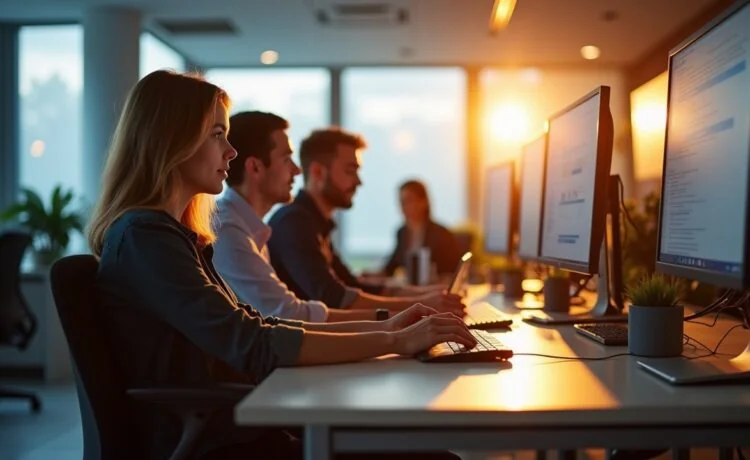 In einem hell erleuchteten, modernen Büro sitzen mehrere Entwickler und Administratoren konzentriert an ihren Bildschirmen, umgeben von freundlicher Tageslichtstimmung und technischen Geräten, während sie gemeinsam an der Absicherung von Webanwendungen arbeiten – ein Bild von Zusammenarbeit, Professionalität und proaktivem Schutz in warmer, einladender Atmosphäre.