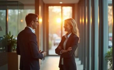 Eine helle, warme Aufnahme in einem modernen Bankbüro, die eine freundliche Beraterin im Gespräch mit einem aufmerksamen Kunden zeigt, während natürliches Licht sanft durch große Fenster fällt und ein Gefühl von Vertrauen und digitaler Sicherheit vermittelt.