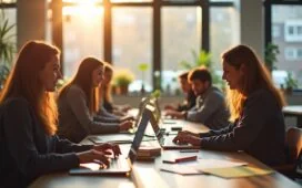 Ein dynamisches, hell beleuchtetes Büro mit entspannten Entwicklerinnen und Entwicklern, die in moderner, freundlicher Atmosphäre konzentriert an Laptops sitzen, umgeben von warmem Tageslicht und subtilen Technologie-Details, die das Thema Software-Sicherheit und Teamarbeit lebendig und vertrauensvoll vermitteln.