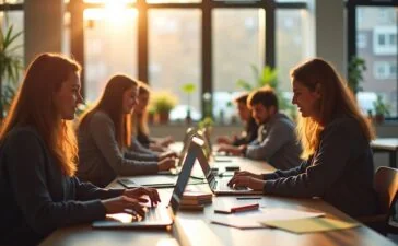 Ein dynamisches, hell beleuchtetes Büro mit entspannten Entwicklerinnen und Entwicklern, die in moderner, freundlicher Atmosphäre konzentriert an Laptops sitzen, umgeben von warmem Tageslicht und subtilen Technologie-Details, die das Thema Software-Sicherheit und Teamarbeit lebendig und vertrauensvoll vermitteln.