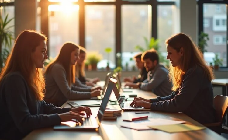 Ein dynamisches, hell beleuchtetes Büro mit entspannten Entwicklerinnen und Entwicklern, die in moderner, freundlicher Atmosphäre konzentriert an Laptops sitzen, umgeben von warmem Tageslicht und subtilen Technologie-Details, die das Thema Software-Sicherheit und Teamarbeit lebendig und vertrauensvoll vermitteln.