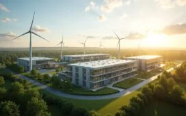 Ein sonnendurchfluteter, moderner Rechenzentrumscampus in Lübbenau umgeben von grüner Landschaft und Windrädern, der mit klaren Linien, realistischer Detailtiefe und warmer Tageslichtstimmung die Verbindung von Nachhaltigkeit, Hightech und Zukunftsvision eindrucksvoll einfängt.