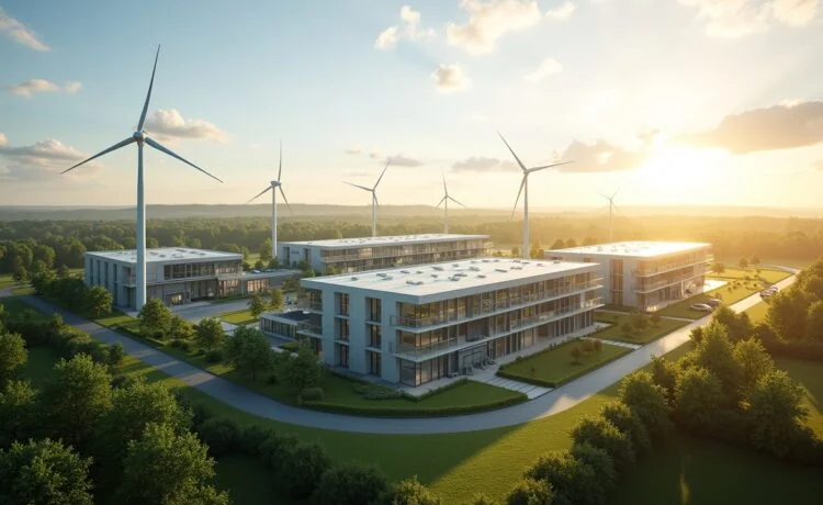 Ein sonnendurchfluteter, moderner Rechenzentrumscampus in Lübbenau umgeben von grüner Landschaft und Windrädern, der mit klaren Linien, realistischer Detailtiefe und warmer Tageslichtstimmung die Verbindung von Nachhaltigkeit, Hightech und Zukunftsvision eindrucksvoll einfängt.