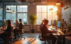 Ein hell erleuchtetes, modernes Büro mit freundlichen UX-Designern, die konzentriert an Bildschirmen arbeiten, umgeben von warmen Holztönen und großen Fenstern, durch die weiches Tageslicht fällt – eine einladende Szene, die den Wandel zu markenorientiertem SEO in einem kreativen, inspirierenden Umfeld subtil widerspiegelt.