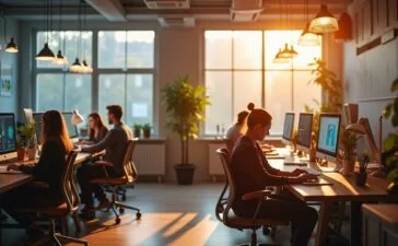 Ein hell erleuchtetes, modernes Büro mit freundlichen UX-Designern, die konzentriert an Bildschirmen arbeiten, umgeben von warmen Holztönen und großen Fenstern, durch die weiches Tageslicht fällt – eine einladende Szene, die den Wandel zu markenorientiertem SEO in einem kreativen, inspirierenden Umfeld subtil widerspiegelt.