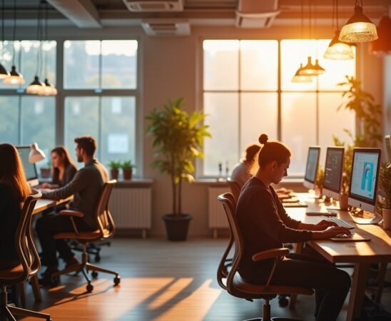 Ein hell erleuchtetes, modernes Büro mit freundlichen UX-Designern, die konzentriert an Bildschirmen arbeiten, umgeben von warmen Holztönen und großen Fenstern, durch die weiches Tageslicht fällt – eine einladende Szene, die den Wandel zu markenorientiertem SEO in einem kreativen, inspirierenden Umfeld subtil widerspiegelt.