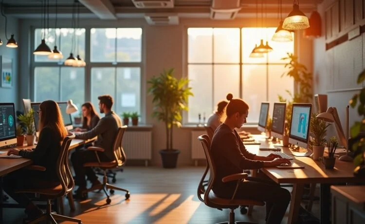 Ein hell erleuchtetes, modernes Büro mit freundlichen UX-Designern, die konzentriert an Bildschirmen arbeiten, umgeben von warmen Holztönen und großen Fenstern, durch die weiches Tageslicht fällt – eine einladende Szene, die den Wandel zu markenorientiertem SEO in einem kreativen, inspirierenden Umfeld subtil widerspiegelt.