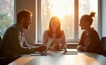 In einem hell erleuchteten, modernen Büro tauschen sich drei kreative Köpfe voller Begeisterung über digitale Strategien aus, während warme Sonnenstrahlen durch große Fenster aufs minimalistisch gestaltete Interieur fallen und eine einladende Atmosphäre für erfolgreiche Content-Kooperationen schaffen.