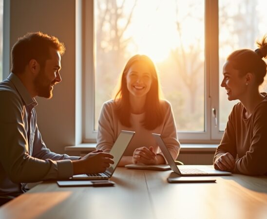 In einem hell erleuchteten, modernen Büro tauschen sich drei kreative Köpfe voller Begeisterung über digitale Strategien aus, während warme Sonnenstrahlen durch große Fenster aufs minimalistisch gestaltete Interieur fallen und eine einladende Atmosphäre für erfolgreiche Content-Kooperationen schaffen.