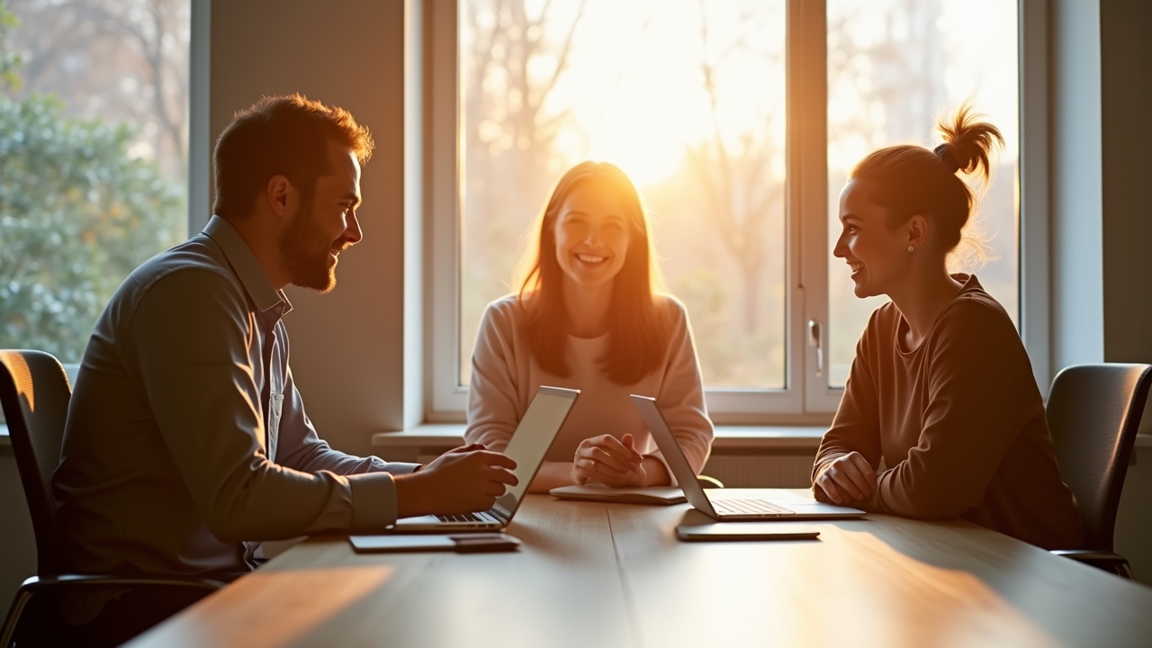 In einem hell erleuchteten, modernen Büro tauschen sich drei kreative Köpfe voller Begeisterung über digitale Strategien aus, während warme Sonnenstrahlen durch große Fenster aufs minimalistisch gestaltete Interieur fallen und eine einladende Atmosphäre für erfolgreiche Content-Kooperationen schaffen.