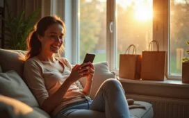 Eine helle, freundliche Szene in einem modernen Wohnzimmer, in der eine junge Frau entspannt mit ihrem Smartphone lächelt, während natürliche Sonnenstrahlen durch ein großes Fenster fallen und ansprechende Technikgeräte und Einkaufstüten im Hintergrund die smarte Nutzung von KI-Tools beim Black Friday-Shopping symbolisieren.
