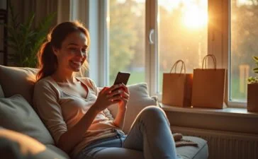 Eine helle, freundliche Szene in einem modernen Wohnzimmer, in der eine junge Frau entspannt mit ihrem Smartphone lächelt, während natürliche Sonnenstrahlen durch ein großes Fenster fallen und ansprechende Technikgeräte und Einkaufstüten im Hintergrund die smarte Nutzung von KI-Tools beim Black Friday-Shopping symbolisieren.