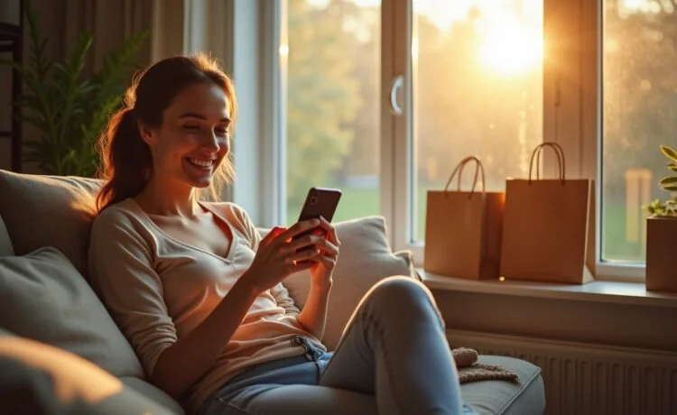 Eine helle, freundliche Szene in einem modernen Wohnzimmer, in der eine junge Frau entspannt mit ihrem Smartphone lächelt, während natürliche Sonnenstrahlen durch ein großes Fenster fallen und ansprechende Technikgeräte und Einkaufstüten im Hintergrund die smarte Nutzung von KI-Tools beim Black Friday-Shopping symbolisieren.