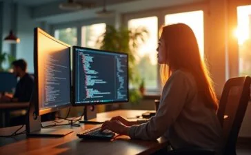 In einem hell erleuchteten, modernen Büroraum sitzt eine konzentrierte Entwickler*in vor mehreren Bildschirmen mit komplexen Codezeilen, während warme Sonnenstrahlen durch große Fenster fallen und eine Atmosphäre von Innovationsgeist und vorsichtiger Achtsamkeit schaffen.