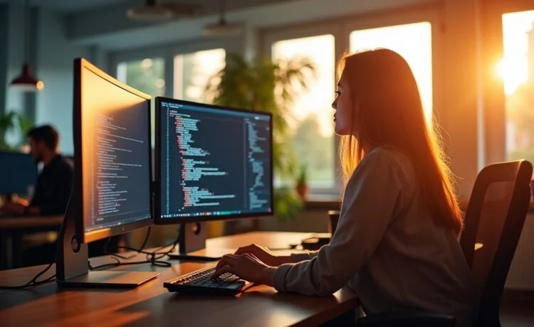 In einem hell erleuchteten, modernen Büroraum sitzt eine konzentrierte Entwickler*in vor mehreren Bildschirmen mit komplexen Codezeilen, während warme Sonnenstrahlen durch große Fenster fallen und eine Atmosphäre von Innovationsgeist und vorsichtiger Achtsamkeit schaffen.