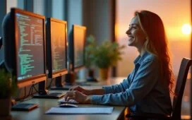 In einem hell erleuchteten, modernen Entwicklerbüro vermittelt eine entspannt lächelnde Programmiererin vor mehreren Bildschirmen mit Code und Diagrammen das Gefühl von Sicherheit und Kontrolle, während warmes Tageslicht durch große Fenster fällt und ein harmonisches, vertrauensvolles Arbeitsumfeld schafft.