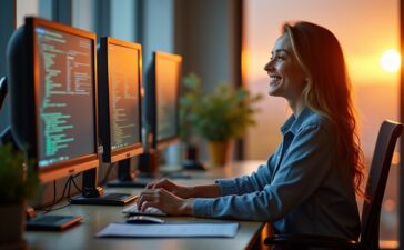 In einem hell erleuchteten, modernen Entwicklerbüro vermittelt eine entspannt lächelnde Programmiererin vor mehreren Bildschirmen mit Code und Diagrammen das Gefühl von Sicherheit und Kontrolle, während warmes Tageslicht durch große Fenster fällt und ein harmonisches, vertrauensvolles Arbeitsumfeld schafft.