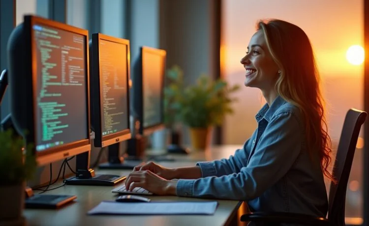 In einem hell erleuchteten, modernen Entwicklerbüro vermittelt eine entspannt lächelnde Programmiererin vor mehreren Bildschirmen mit Code und Diagrammen das Gefühl von Sicherheit und Kontrolle, während warmes Tageslicht durch große Fenster fällt und ein harmonisches, vertrauensvolles Arbeitsumfeld schafft.