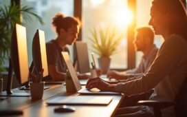 Ein modernes, sonnendurchflutetes Büro mit einem Team von IT-Experten, das fokussiert und harmonisch an Laptops und Bildschirmen arbeitet, während im Hintergrund große Fenster warmes Tageslicht hereinlassen und die Atmosphäre durch helle, natürliche Farben Sicherheit und Zuversicht ausstrahlt.