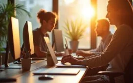 Ein modernes, sonnendurchflutetes Büro mit einem Team von IT-Experten, das fokussiert und harmonisch an Laptops und Bildschirmen arbeitet, während im Hintergrund große Fenster warmes Tageslicht hereinlassen und die Atmosphäre durch helle, natürliche Farben Sicherheit und Zuversicht ausstrahlt.