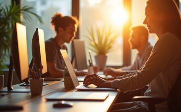 Ein modernes, sonnendurchflutetes Büro mit einem Team von IT-Experten, das fokussiert und harmonisch an Laptops und Bildschirmen arbeitet, während im Hintergrund große Fenster warmes Tageslicht hereinlassen und die Atmosphäre durch helle, natürliche Farben Sicherheit und Zuversicht ausstrahlt.