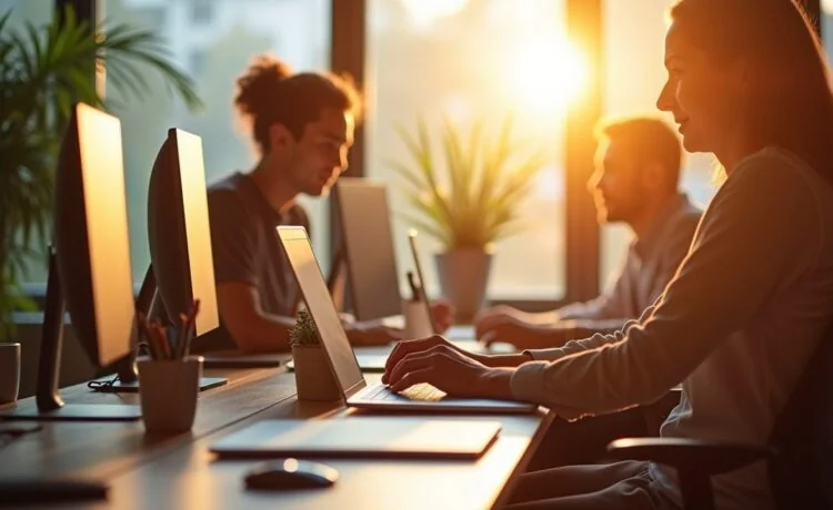 Ein modernes, sonnendurchflutetes Büro mit einem Team von IT-Experten, das fokussiert und harmonisch an Laptops und Bildschirmen arbeitet, während im Hintergrund große Fenster warmes Tageslicht hereinlassen und die Atmosphäre durch helle, natürliche Farben Sicherheit und Zuversicht ausstrahlt.