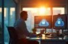 In einem modernen, hell erleuchteten Büro sitzt ein fokussierter CTO mittleren Alters vor mehreren transparenten Bildschirmen mit Cloud- und Sicherheitssymbolen, während warme Sonnenstrahlen durch große Fenster fallen und eine Atmosphäre von Vertrauen und technologischer Verantwortung schaffen.