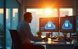 In einem modernen, hell erleuchteten Büro sitzt ein fokussierter CTO mittleren Alters vor mehreren transparenten Bildschirmen mit Cloud- und Sicherheitssymbolen, während warme Sonnenstrahlen durch große Fenster fallen und eine Atmosphäre von Vertrauen und technologischer Verantwortung schaffen.