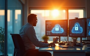 In einem modernen, hell erleuchteten Büro sitzt ein fokussierter CTO mittleren Alters vor mehreren transparenten Bildschirmen mit Cloud- und Sicherheitssymbolen, während warme Sonnenstrahlen durch große Fenster fallen und eine Atmosphäre von Vertrauen und technologischer Verantwortung schaffen.