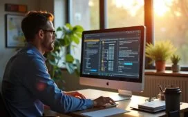 Ein lichtdurchflutetes, modernes Büro mit einem konzentrierten IT-Administrator, der am Bildschirm sicherheitsrelevante Updates für eine Unternehmenssoftware prüft, umgeben von warmen Holzelementen und natürlichem Tageslicht, das eine freundliche und vertrauensvolle Arbeitsatmosphäre schafft.