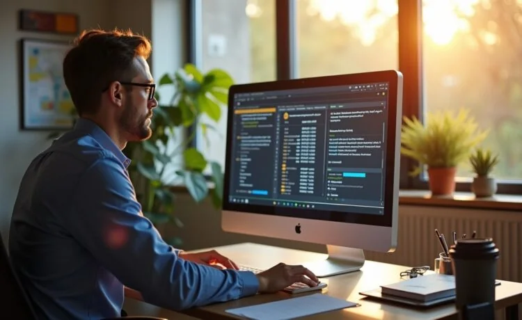 Ein lichtdurchflutetes, modernes Büro mit einem konzentrierten IT-Administrator, der am Bildschirm sicherheitsrelevante Updates für eine Unternehmenssoftware prüft, umgeben von warmen Holzelementen und natürlichem Tageslicht, das eine freundliche und vertrauensvolle Arbeitsatmosphäre schafft.